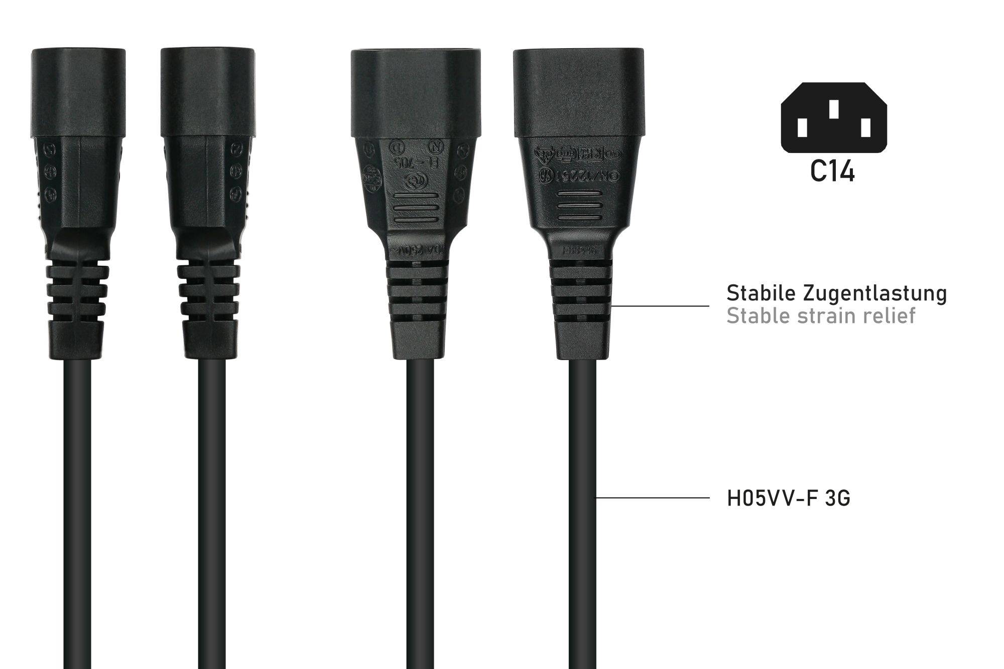 Kaltgeräteverlängerung Kaltgeräte-Stecker C14 (gerade) an Kaltgeräte-Buchse C13 (gerade), schwarz, 0,75mm², 0,5m