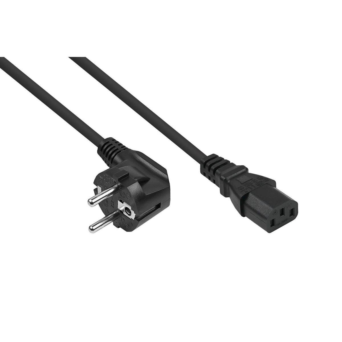Schwarzes Stromkabel mit europäischem zweipoligem Stecker auf der einen Seite und IEC-C13-Stecker auf der anderen Seite.