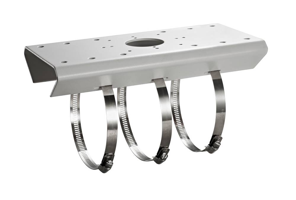 Metallhalterungswinkel mit drei darunter befestigten Edelstahlschlauchschellen.