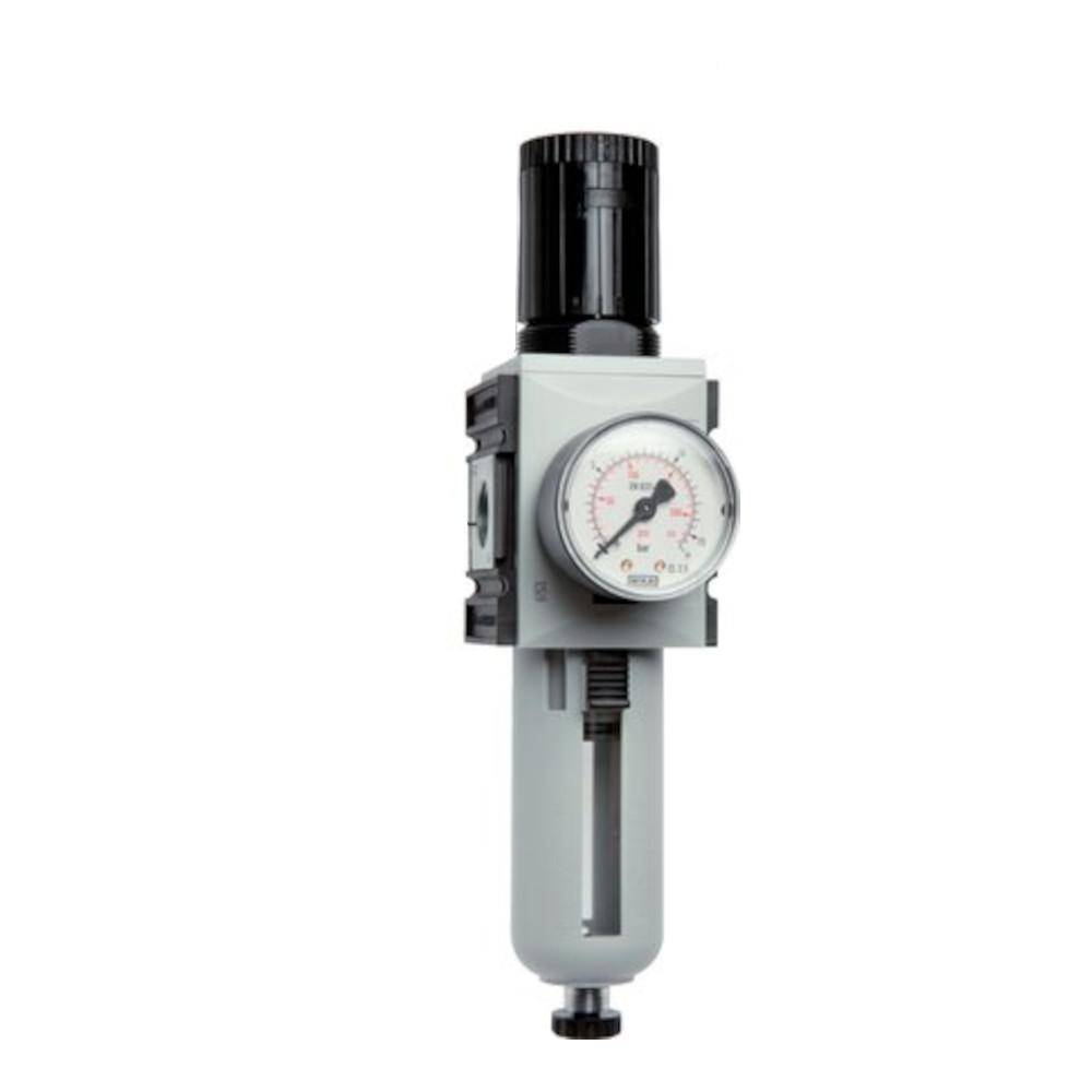 Ein pneumatischer Luftfilter mit angebrachtem Manometer, der den Luftdruck in einer mechanischen oder industriellen Anlage anzeigt.