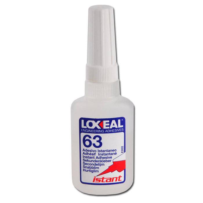 Weiße Flasche des sofortigen Klebstoffs LOXEAL 63 mit hohem Deckel und rotem „istant
