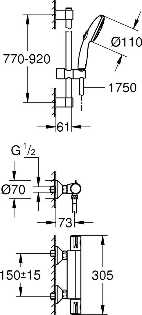 GROHE THM-Brausebatterie Grohtherm 800 34566_2 mit Brausegarnitur 900mm chrom