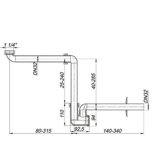Technisches Rohrleitungsschema einer DN32-Ablaufanlage mit U-Bogen und Winkelstück, mit Abmessungen in Millimetern und Zoll gekennzeichnet.