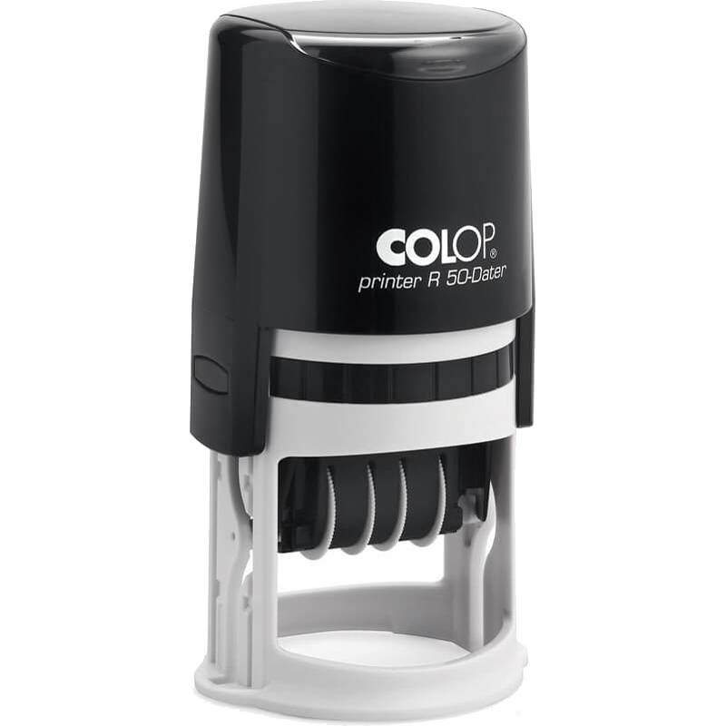 Ein schwarzer und weißer Selbstfärberstempel mit sichtbaren rotierenden Datumsmechanismen, beschriftet mit ‚COLOP printer R 50-Dater.