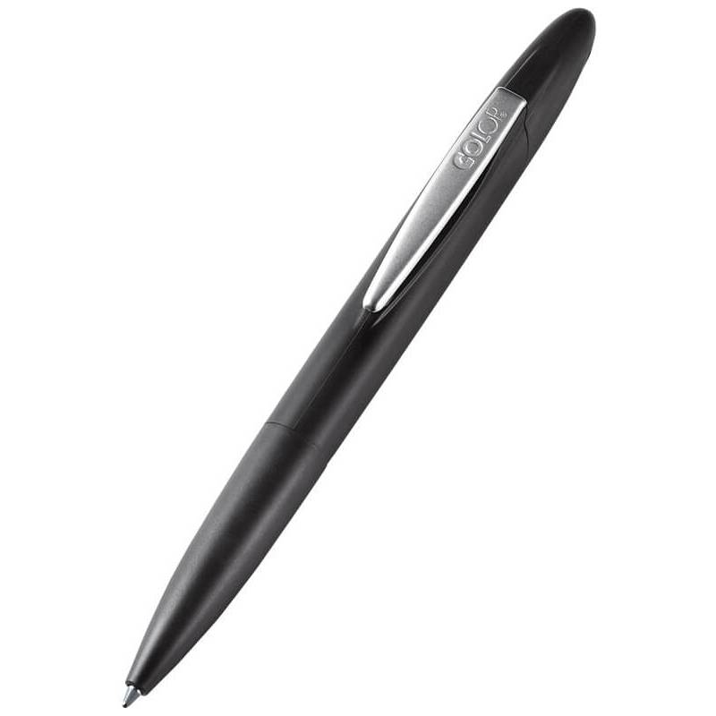 Ein schwarzer Kugelschreiber mit einer silbernen Klammer, der in einem leichten Winkel gezeigt wird.