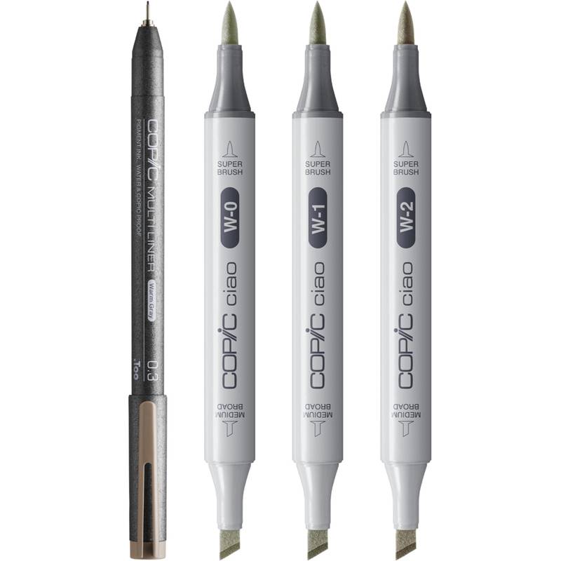 Ein schwarzer Copic Multiliner Stift und drei graue Copic Ciao Marker (Warm Gray 0, Warm Gray 1, Warm Gray 2) mit Doppelspitzen.