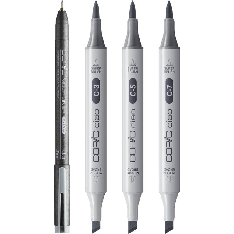 Ein Copic Multiliner-Stift und drei Copic Ciao-Marker mit unterschiedlichen Grautönen, bezeichnet als C-3, C-5 und C-7, jeweils mit Doppelspitzen.
