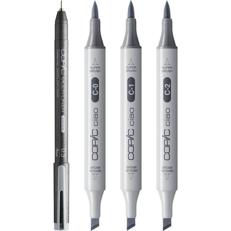 Vier Zeichenmarker: ein schwarzer Copic Multiliner 0,3 und drei graue Copic Ciao Marker (C-0, C-1, C-2) mit Pinselspit­zen.