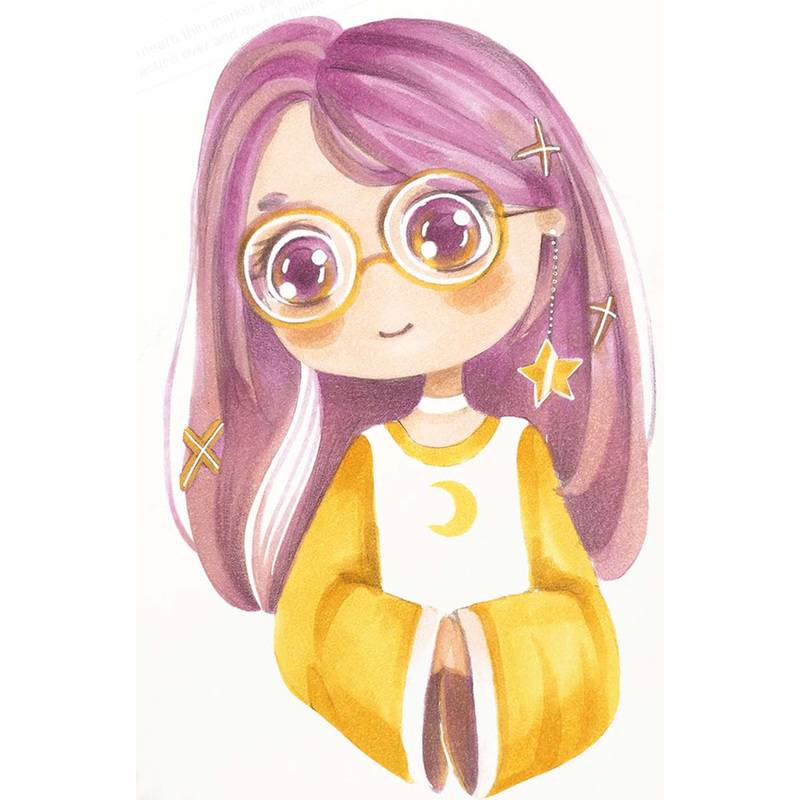 Eine Cartoon-Illustration eines Mädchens mit langen lila Haaren, das runde Brillen trägt und ein gelbes Outfit mit Monddesign trägt, das fröhlich aussieht.