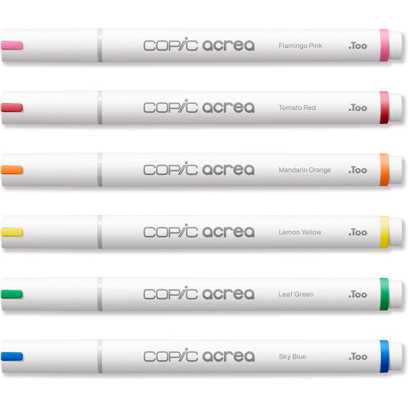 Sechs Copic Acrea Marker horizontal angeordnet, mit folgenden Farben: Flamingo Rosa, Tomatenrot, Mandarinenorange, Zitronengelb, Blattgrün, Himmelblau.