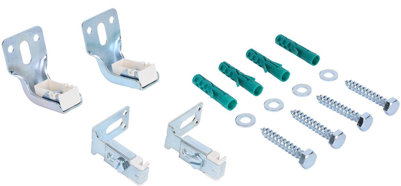 Satz aus Metall-Wandmontage-Winkeln mit Dübeln, Unterlegscheiben und Schrauben zum Installieren oder Befestigen von Armaturen.