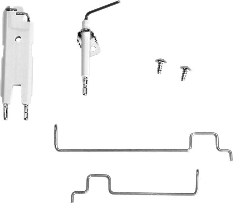 Weißmetall-Beschlagset mit zwei Halterungen, zwei Schrauben und zwei gebogenen Drahtclips auf einfachem Hintergrund.