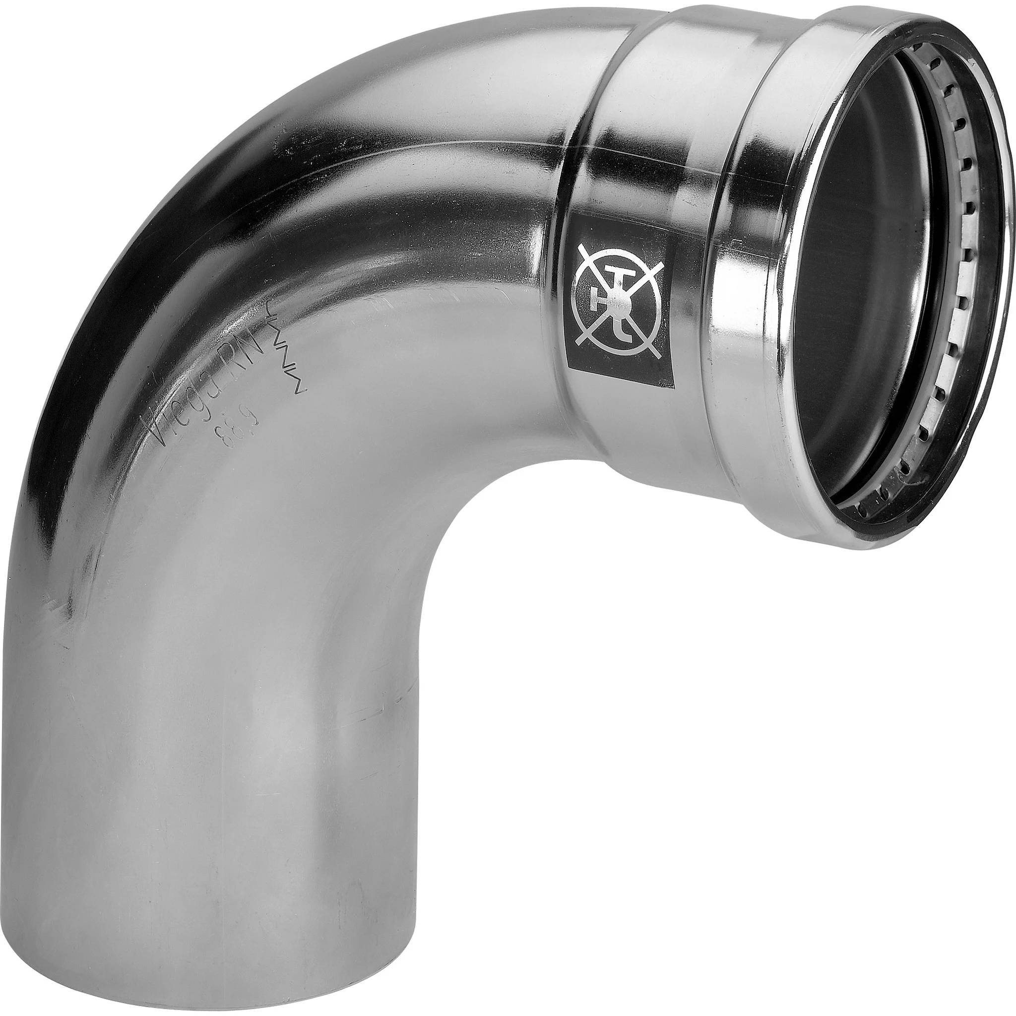 Silber-Metallrohrverbinder mit 90-Grad-Winkel, schwarzem Dichtungsende und Warnsymbol an der Seite.