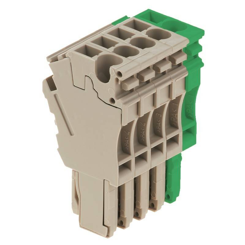 Ein beige-grüner Elektro-Klemmenblock mit mehreren Steckplätzen für Kabelverbindungen, schräg positioniert, um Sockelausrichtung und Anschlussschlitze zu zeigen.