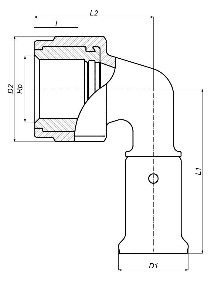 Technische Zeichnung eines 90-Grad-Rohrkrümmers/Verbinders mit Querschnitt und Bemaßungslinien mit den Bezeichnungen L1, L2, D1, D2, Rp und T.