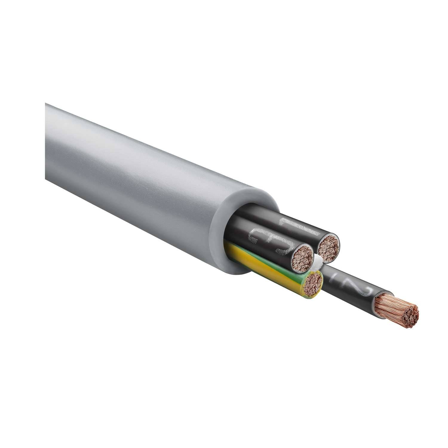 Eine Querschnittsansicht eines elektrischen Kabels, das mehrere isolierte Drähte zeigt, die in einer grauen äußeren Ummantelung eingehüllt sind.