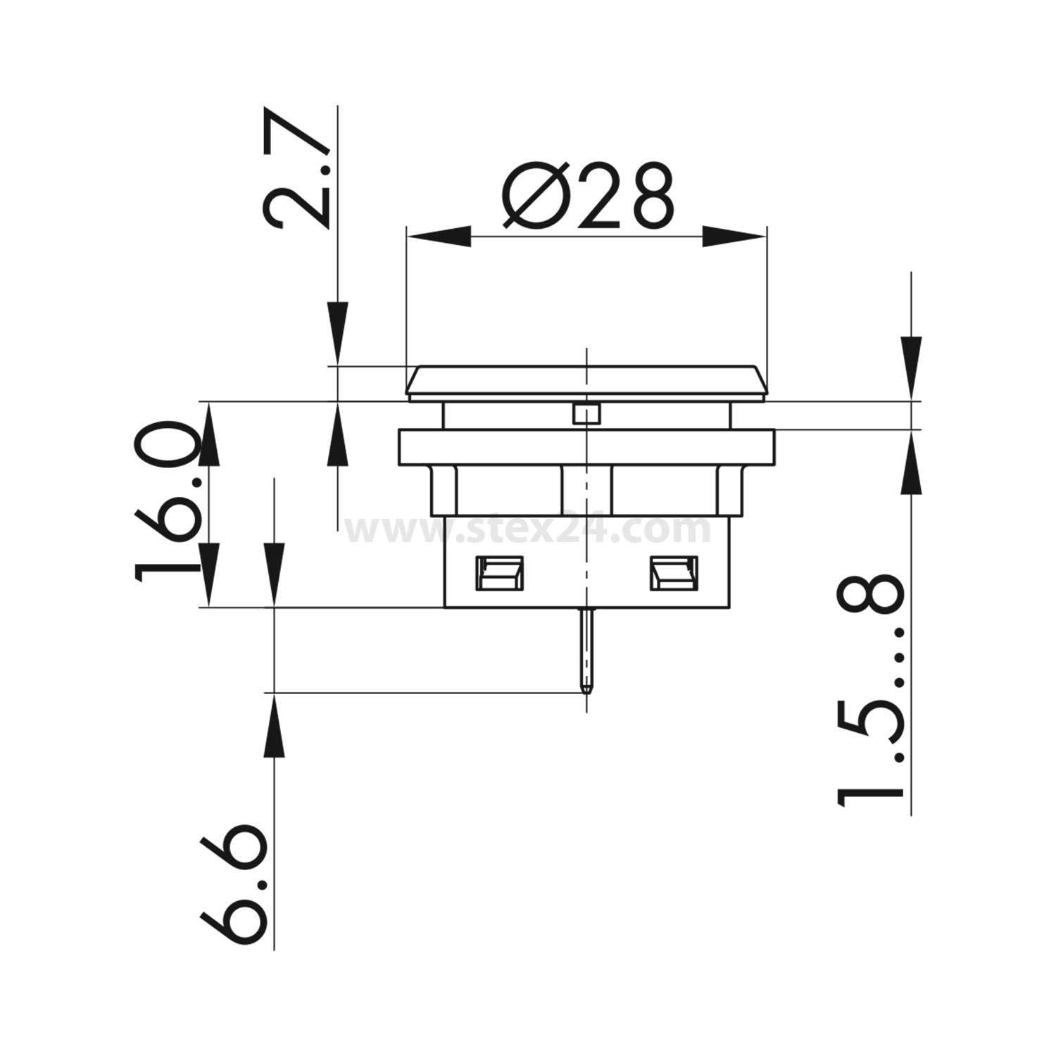 Technische Zeichnung eines runden Tastenschalters, 28 mm Durchmesser. Abmessungen umfassen 16 mm Gesamttiefe, 6,6 mm Basis und 1,5 bis 8 mm Anschlusslänge.