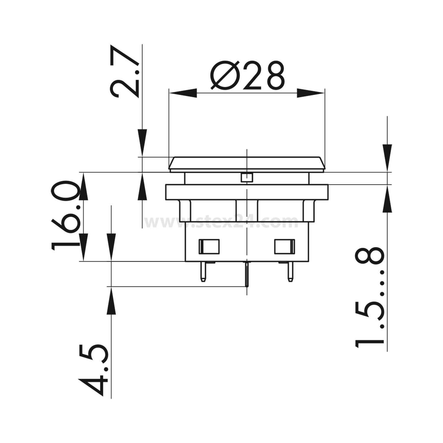 Diagramm eines runden Tastenschalters, beschriftet mit 28 mm Durchmesser und 16 mm Höhe, mit Betätigungsbereich von 1,5 bis 8 mm und Pinabstand von 4,5 mm.