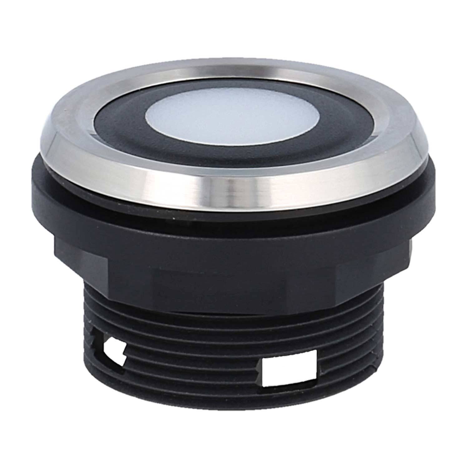 Eine Nahaufnahme eines runden, schwarz-silbernen Druckknopfs mit weißem Zentrum, der häufig in industriellen oder elektronischen Anwendungen verwendet wird.