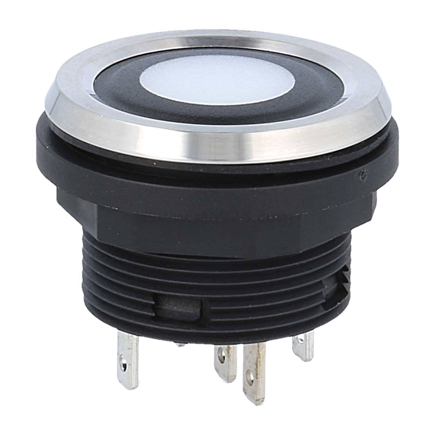 Ein schwarzer und silberner runder Drucktaster mit mehreren silbernen Stiften, die vom unteren Teil abstehen, konzipiert für elektronische Geräte.