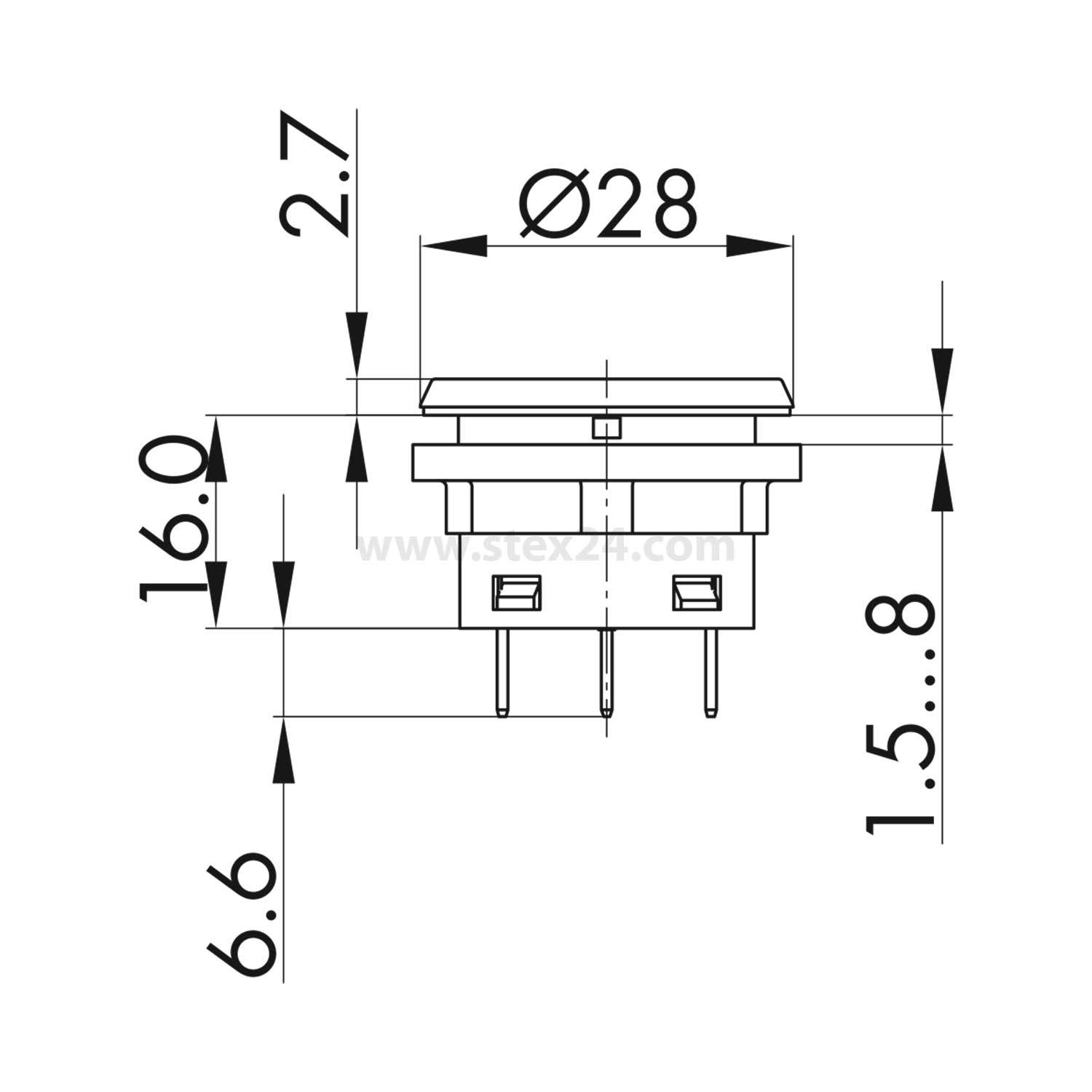 Diagramm eines Tastschalters mit Abmessungen: Durchmesser 28 mm, Höhe 2,7 mm und Pinhöhe 1,5 bis 8 mm.