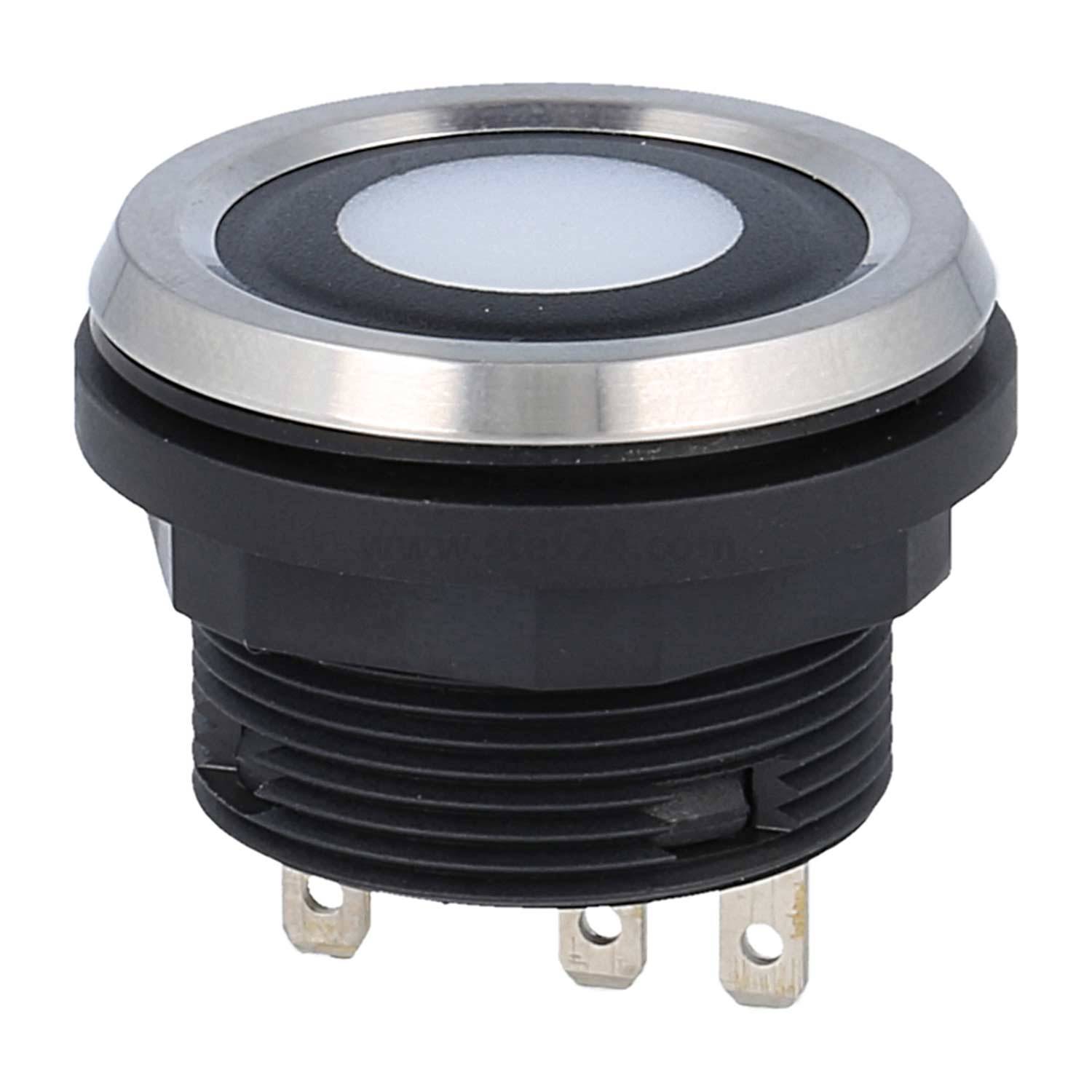 Ein runder, schwarzer Drucktaster mit silbernem Rand und vier Metallkontakten für elektrische Verbindungen, verwendet in elektronischen Geräten.