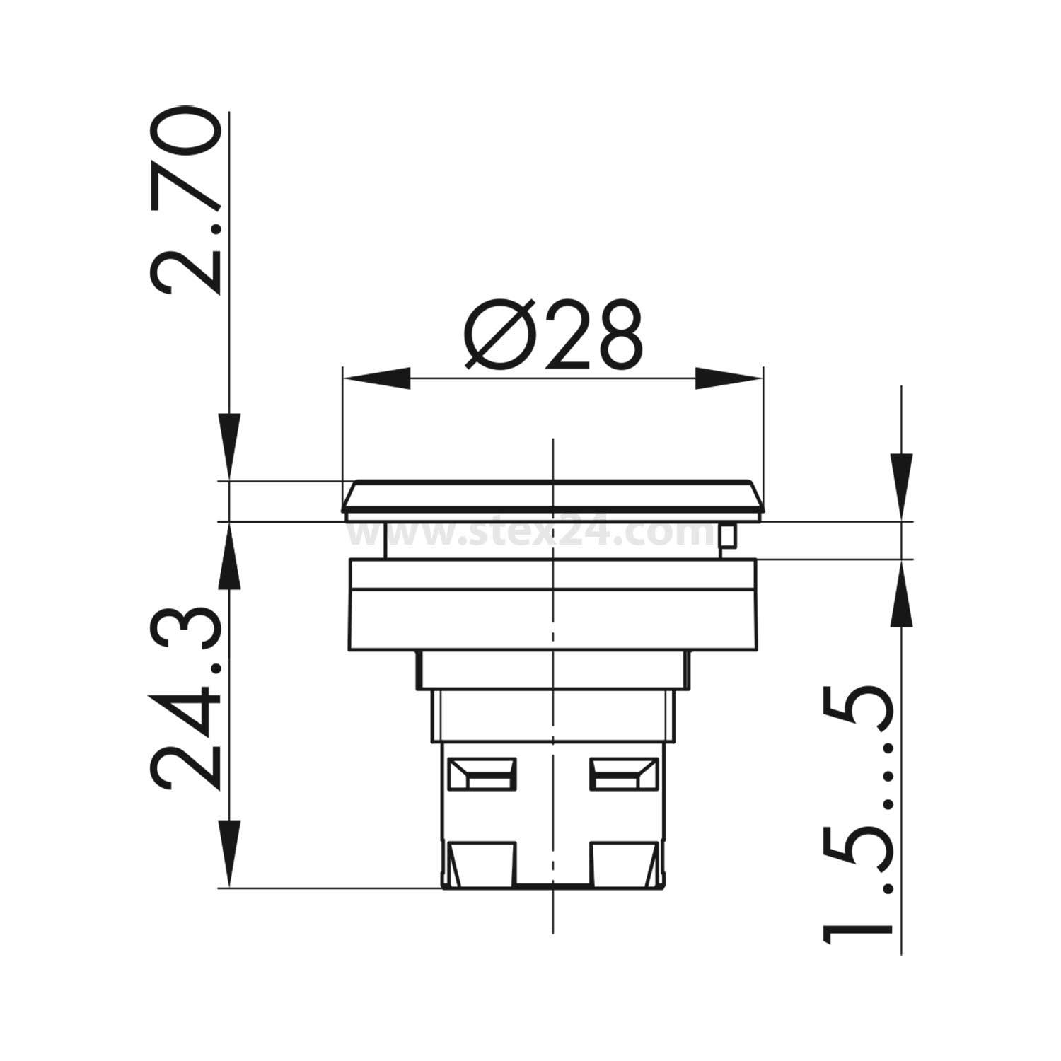 Technische Zeichnung eines Tastschalters mit Abmessungen: Durchmesser 28 mm, Höhe 24,3 mm und Seitenhöhe 1,5 bis 5 mm.
