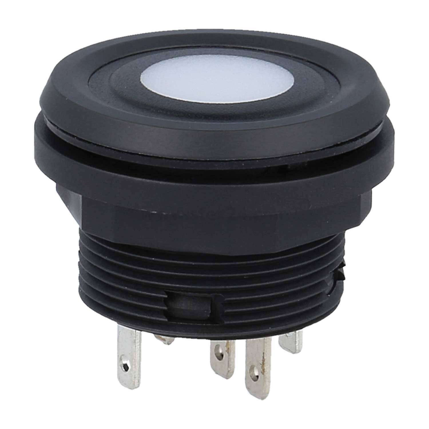 Schwarzer runder Druckknopf mit vier Metallstiften darunter, für die Paneelmontage konzipiert. Zentraler weißer Deckel, wahrscheinlich für eine Anzeigelampe.