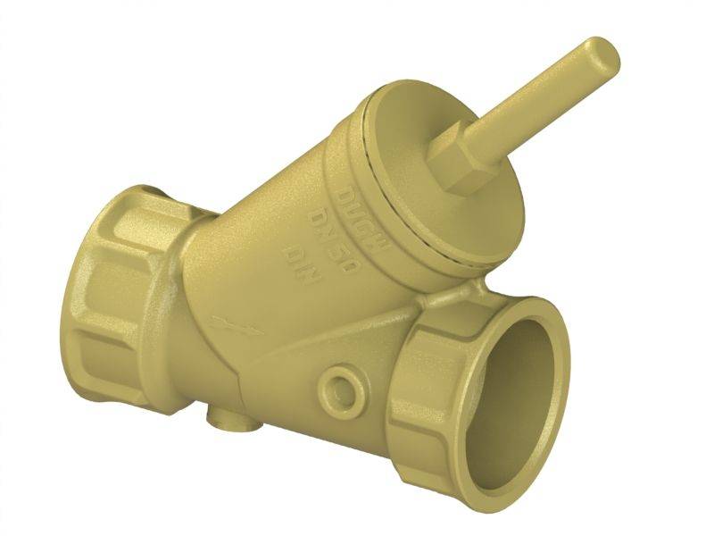 Gelber Inline-Rohrfilter mit abgewinkeltem zylindrischem Körper, Gewindeendkappen und einem hervorstehenden abnehmbaren Filterkern.