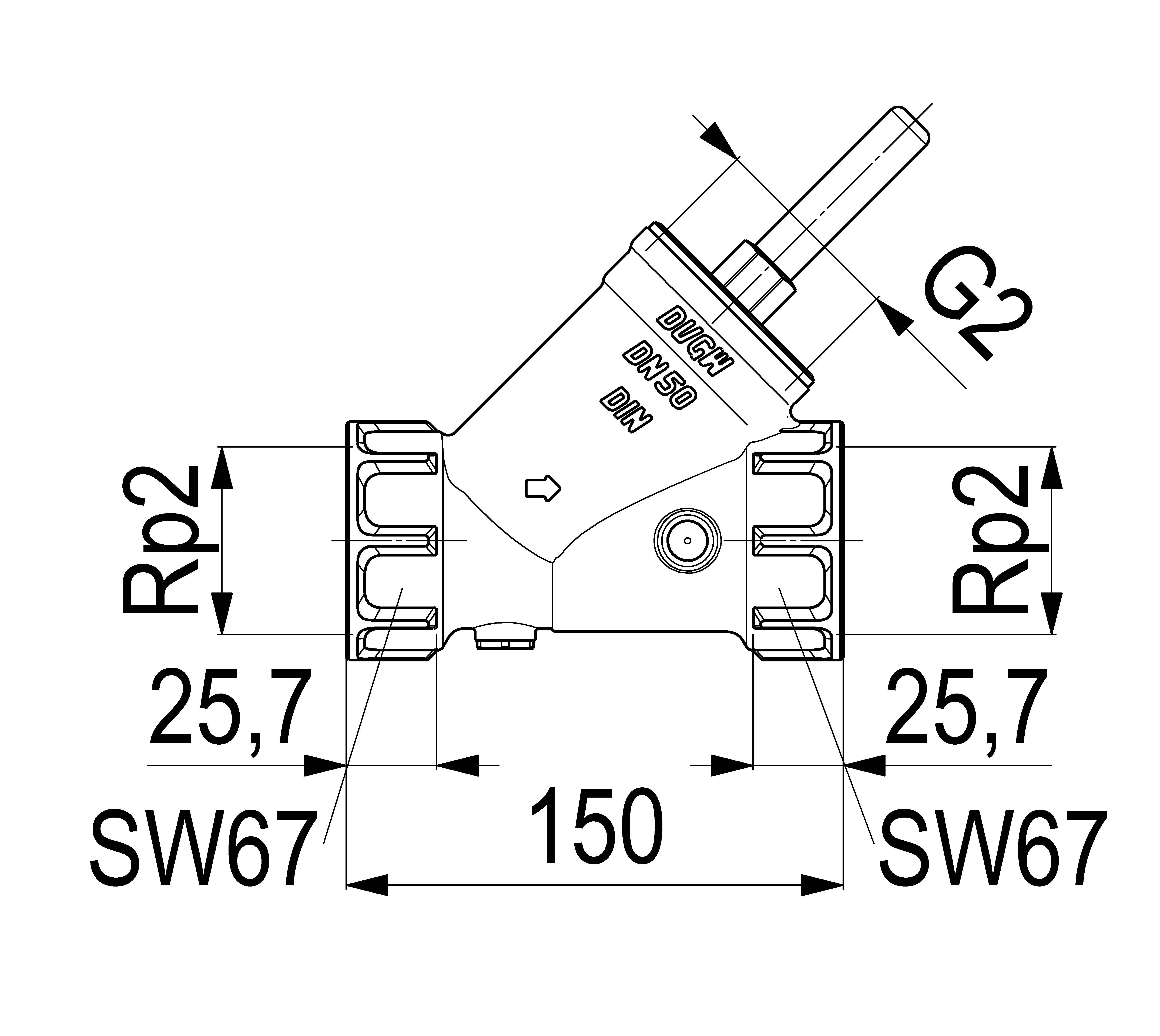 Technische Zeichnung eines Y-Strainer-Ventils mit der Bezeichnung „DVGW DN50 DIN
