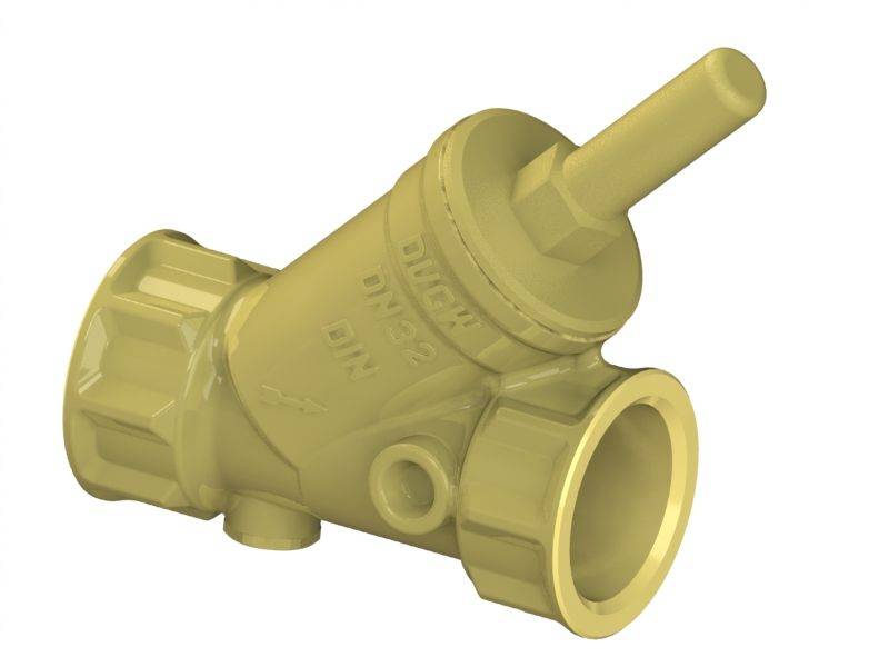 Gold-farbiges mechanisches Ventil oder Rohrverschraubung mit abgewinkeltem Gehäuse, Gewinde-Anschlüssen und einem hervorstehenden Seitenstutzen auf weißem Hintergrund.