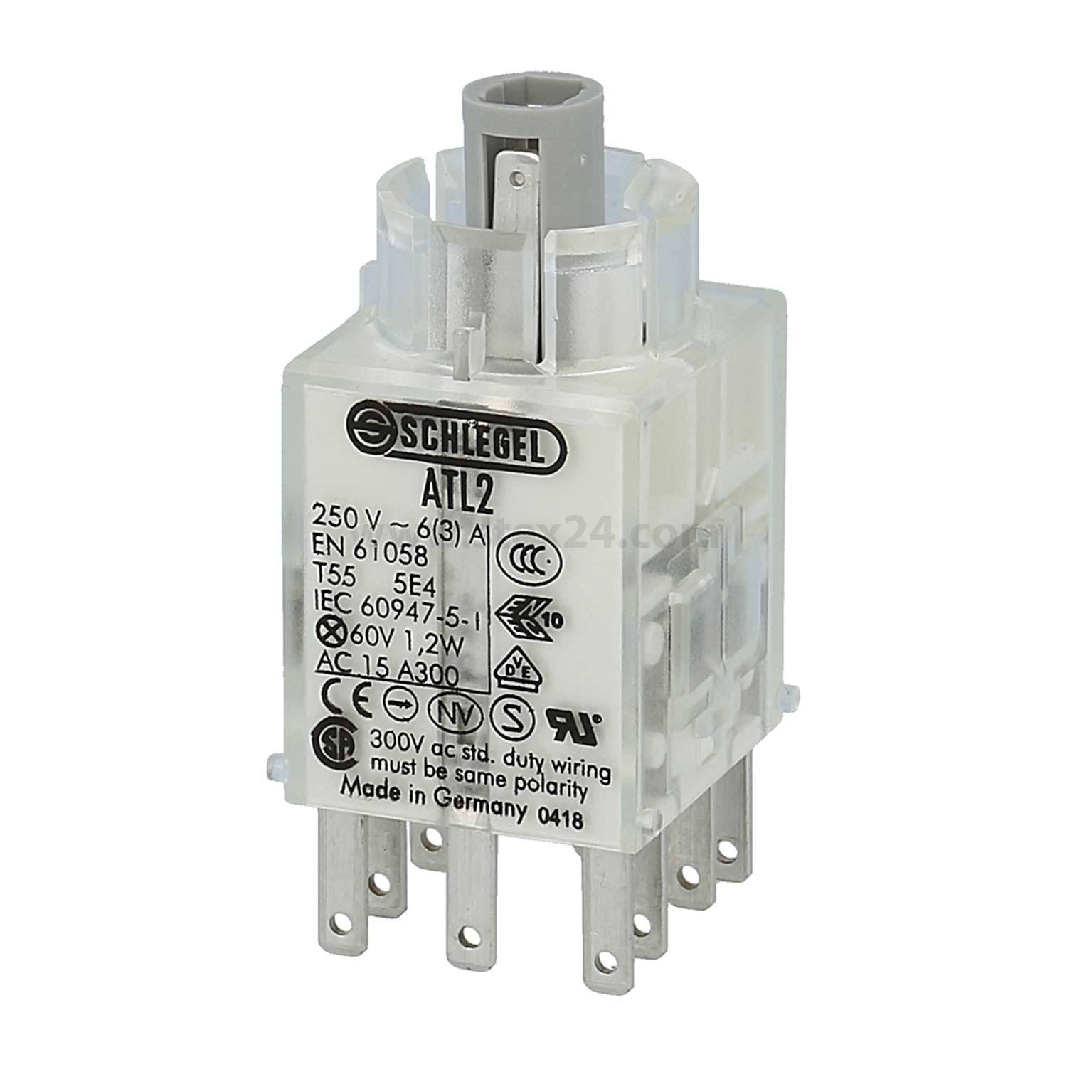 Ein rechteckiger elektrischer Relaisschalter mit mehreren Stiftanschlüssen. Etikett zeigt 'Schlegel', Modell 'ATL2', Spannung '250 V ~ (6)A'.