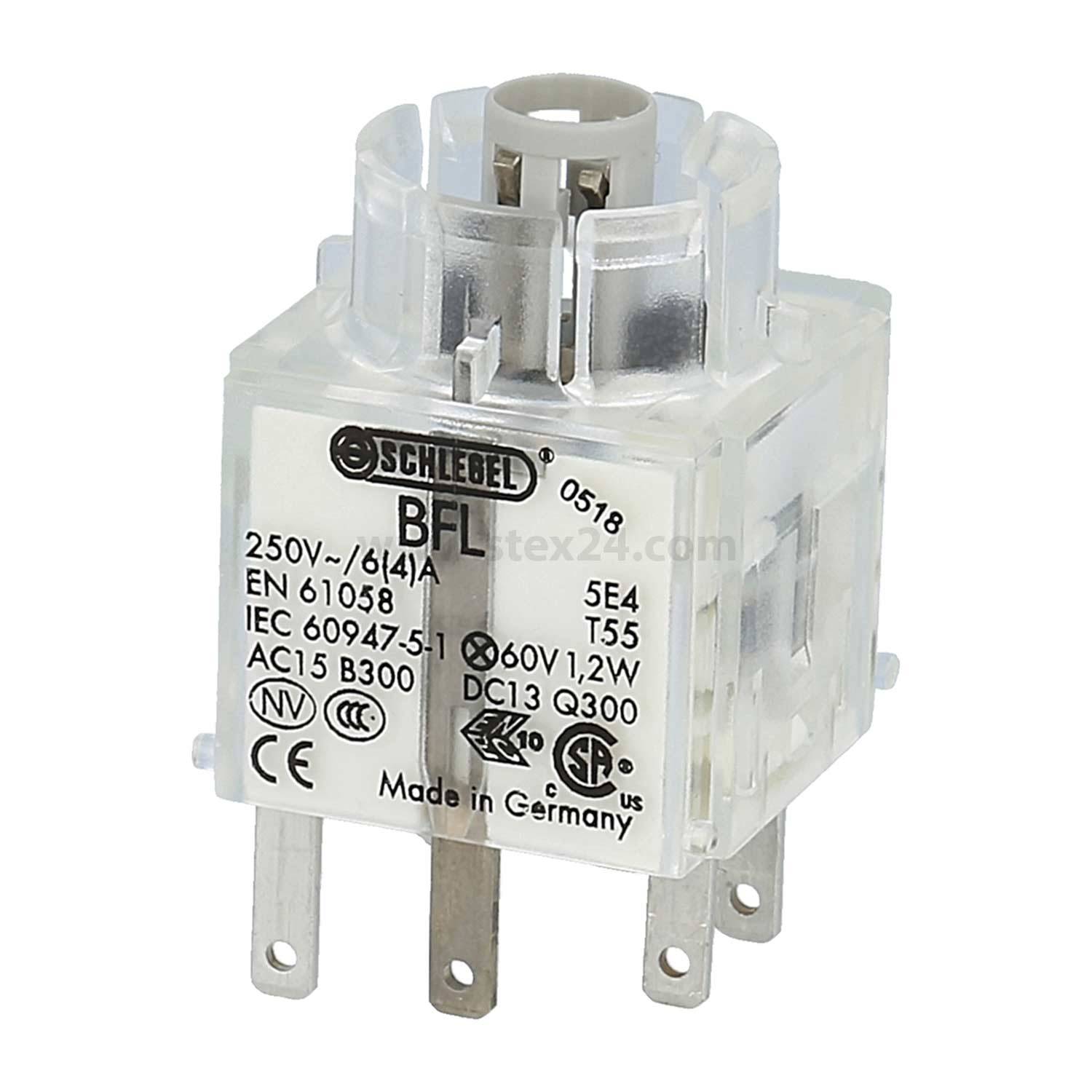 Eine transparente Kunststoff-Elektrokomponente mit der Beschriftung 'BFL', mit Spannungs- und Zertifizierungsdetails, die Stifte und einen oberen Schlitz zeigt. Hergestellt in Deutschland.