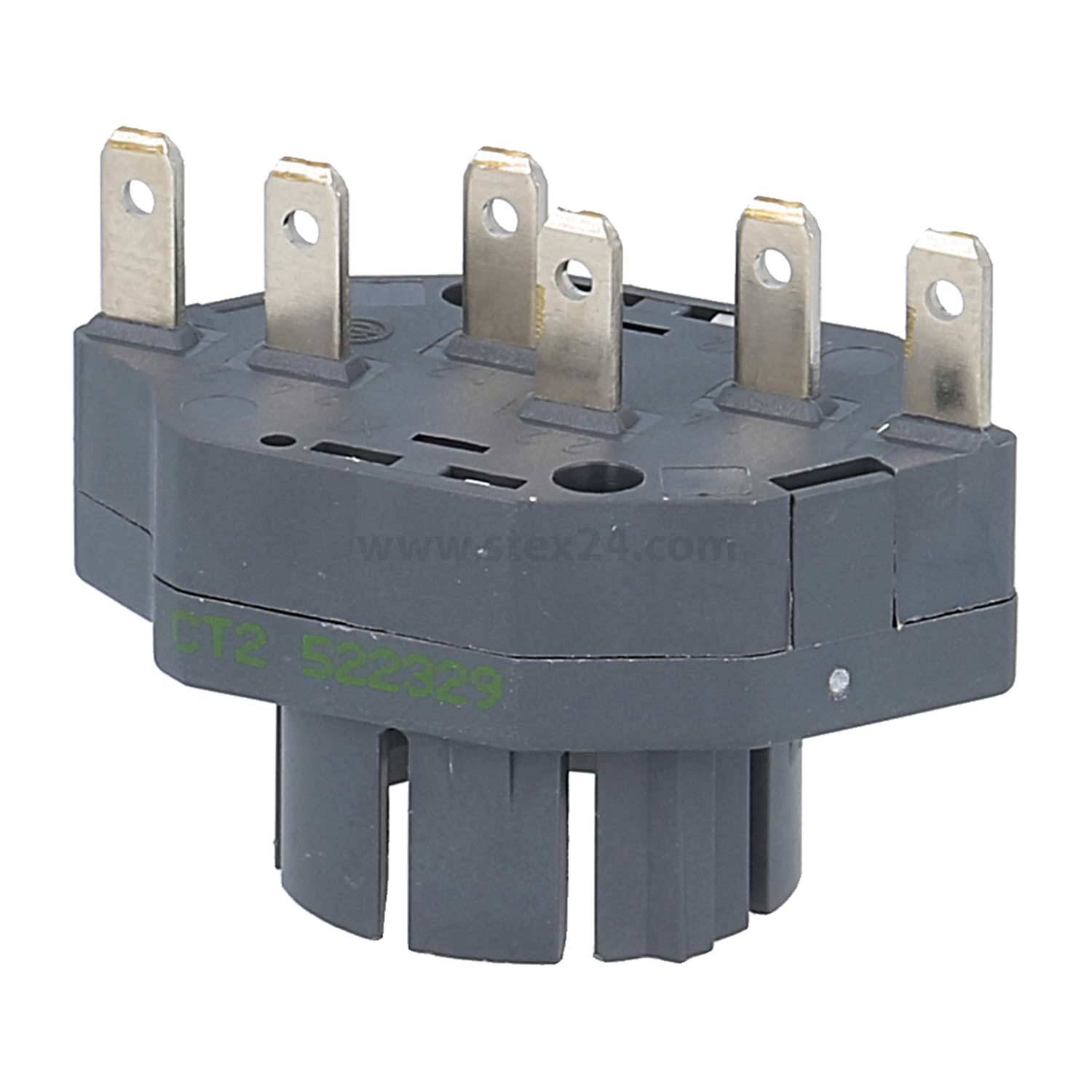 Ein kreisförmiger elektrischer Anschluss mit sechs Metallstiften, die von der Oberseite abstehen und verwendet werden, um mehrere Schaltkreise in einem elektronischen Gerät zu verbinden.
