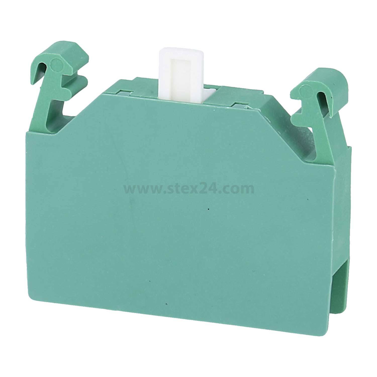 Eine grüne Kunststoffkomponente mit zwei Haken und einem weißen rechteckigen Stift in der Mitte. Der Hintergrund ist schlicht weiß.