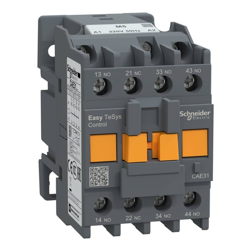 Ein grauer Schneider Electric Schütz mit orangefarbenen Tasten, beschriftet mit 'Easy TeSys Control CAE31', mit Modellspezifikationen an der Seite.