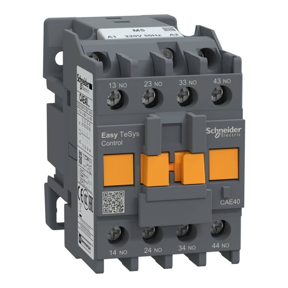 Industrieller Schütz mit der Bezeichnung 'Easy TeSys Control', grau mit orangefarbenen Tasten, mit Eingangsklemmen und Beschriftungen an der Seite.