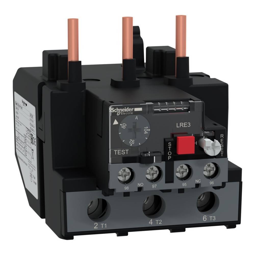 Ein schwarzer Schneider Electric LRE3 Motorschutzrelais mit Kupferanschlüssen und beschrifteten Klemmen, verwendet zum Motorschutz in elektrischen Schaltkreisen.