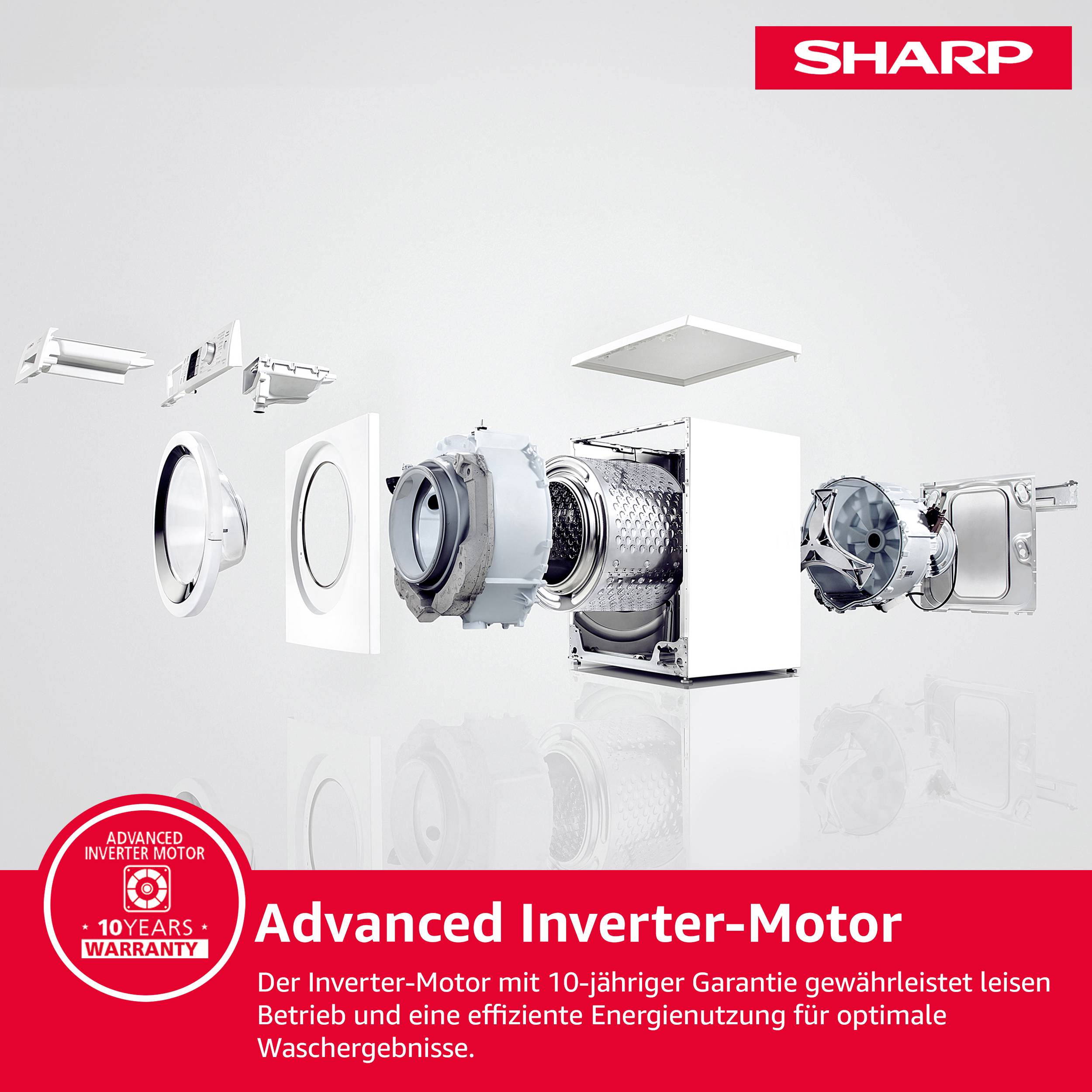 Sharp Waschmaschine 7kg | 1400 U/Min. | Dampffunktion | Inverter Motor | AquaStop | Schontrommel | ES-NFB714CWA-DE