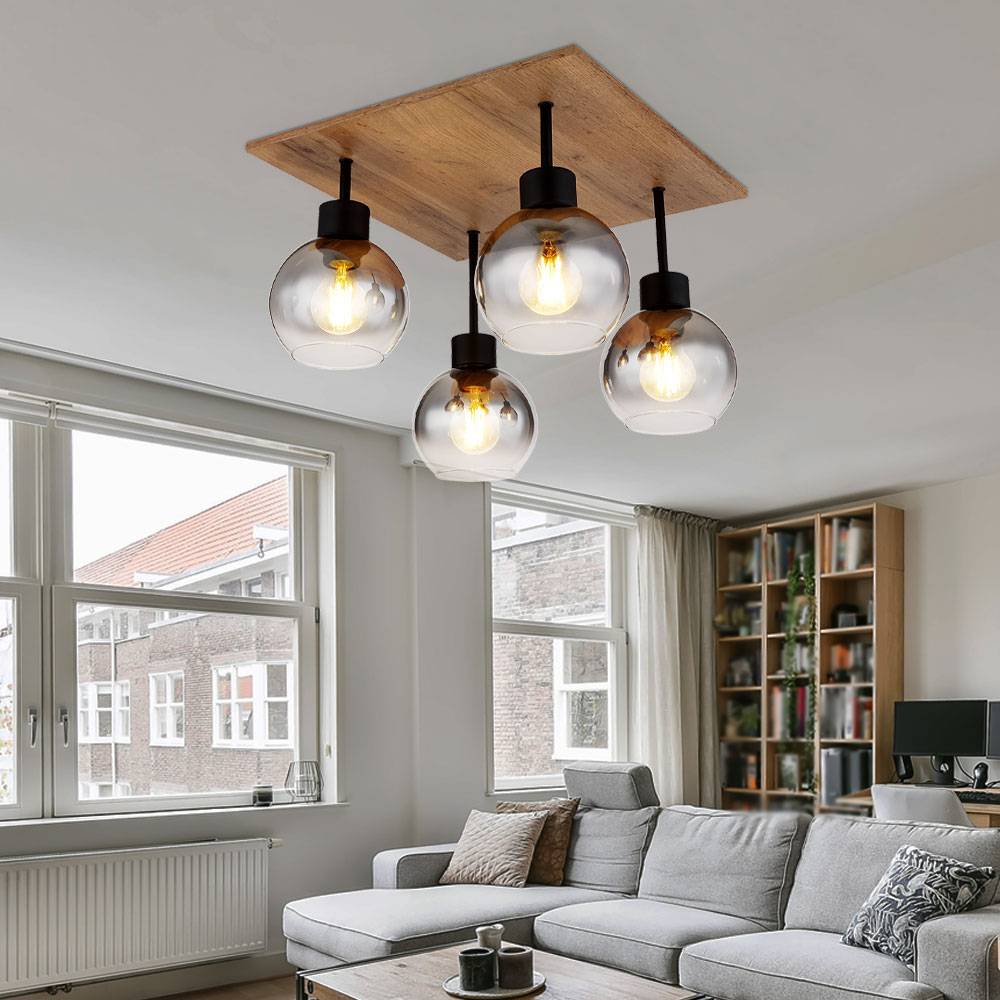 Deckenlampe Esstisch Retro Deckenleuchte rustikal Landhaus Deckenlampe Wohnzimmer Holz, MDF Glas rauch Metall, 4 Flammig E27, LxBxH 40x40x33,5cm