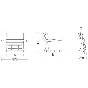Technische Linienzeichnung einer mechanischen Komponente, dargestellt in Vorder-, Seiten- und Endansicht mit den Abmessungen A 570, B, C und 228.