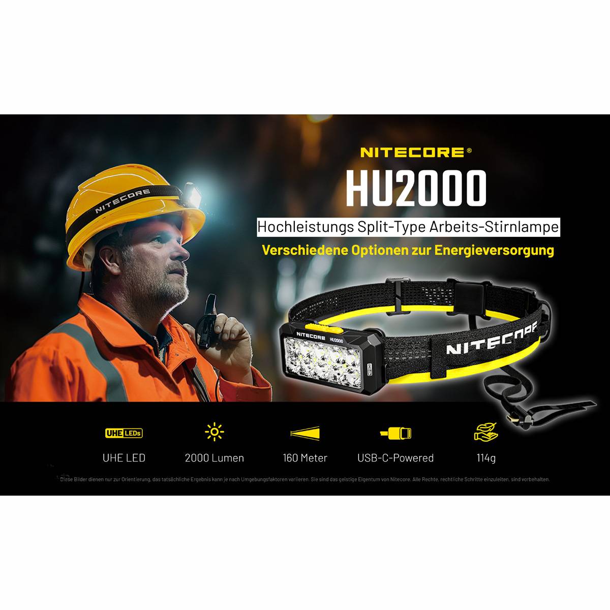 Nitecore HU2000 LED Taschenlampe 2000 Lumen - Schwarz/Gelb