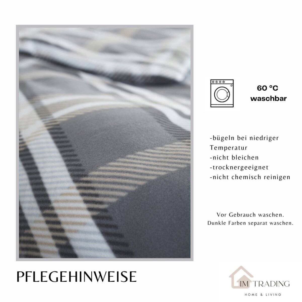 Fleece-Bettwäsche in Anthrazit mit kariertem Muster mit Reißverschluss 100% Polyester 155x220 cm
