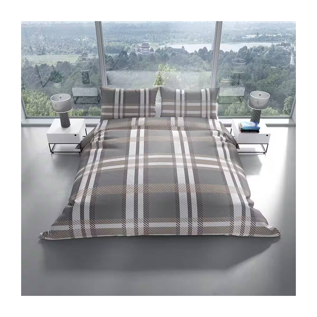 Fleece-Bettwäsche in Anthrazit mit kariertem Muster mit Reißverschluss 100% Polyester 200x200 cm