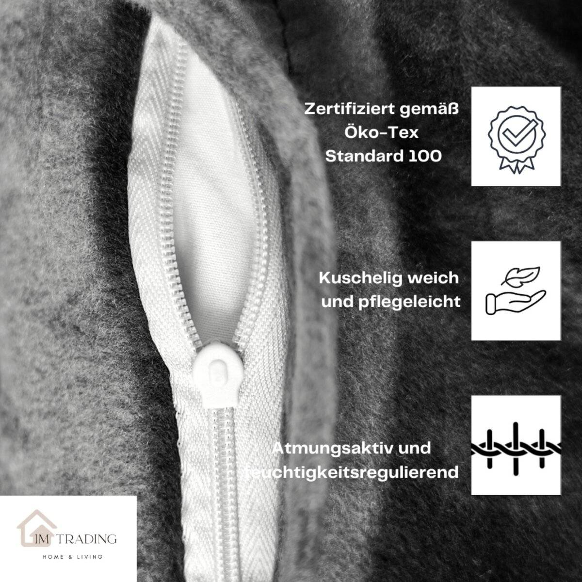 Fleece-Bettwäsche mit Reißverschluss in Grau Kissen- und Deckenbezug 100% Polyester 200x220 cm