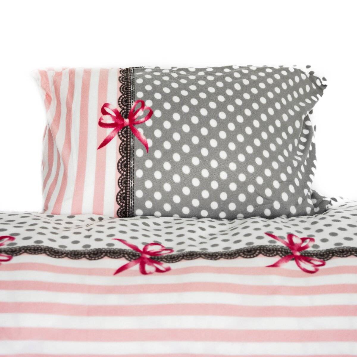 Fleece Bettwäsche aus Polyester, ca. 130 gsm, Grau-Rosa mit Schleifen Bettbezug 155x220 cm