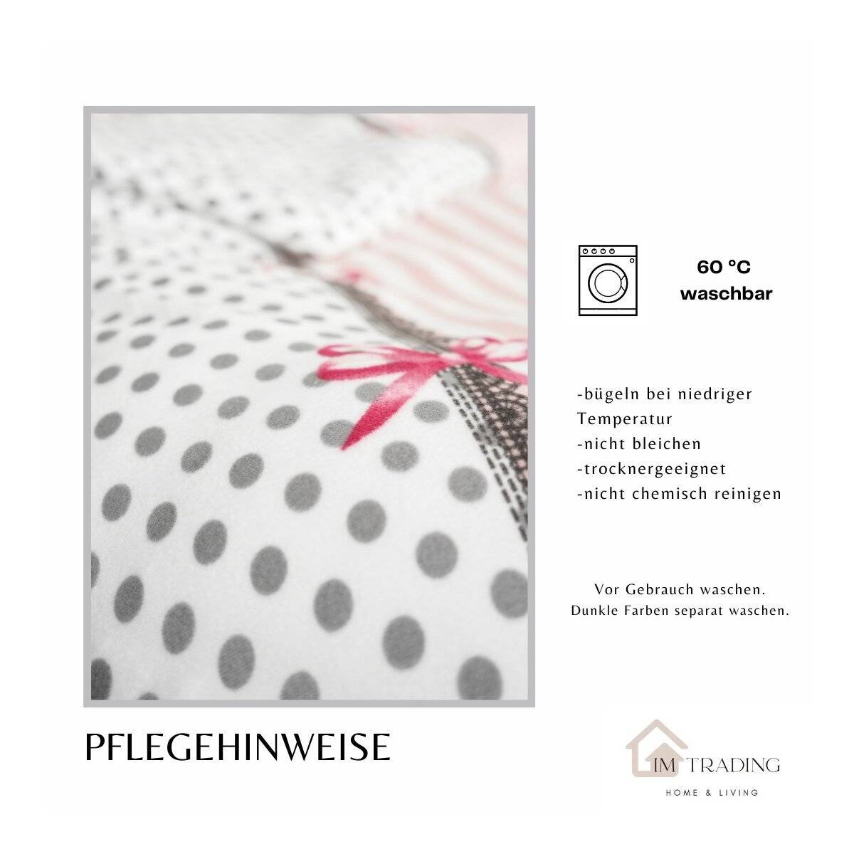 Fleece Bettwäsche aus Polyester, ca. 130 gsm, Grau-Rosa mit Schleifen Bettbezug 155x220 cm