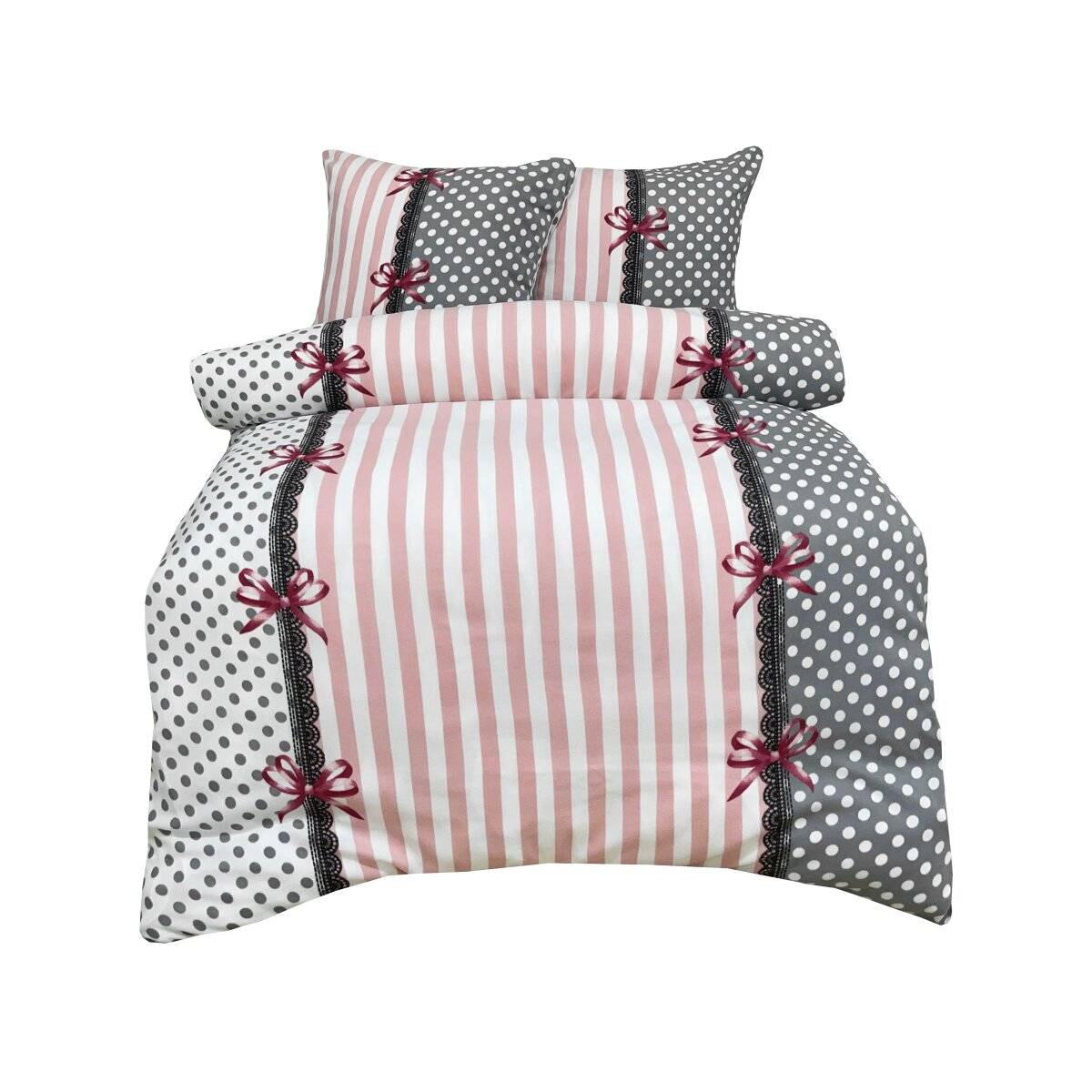 Fleece Bettwäsche aus Polyester, ca. 130 gsm, Grau-Rosa mit Schleifen Bettbezug 240x220 cm