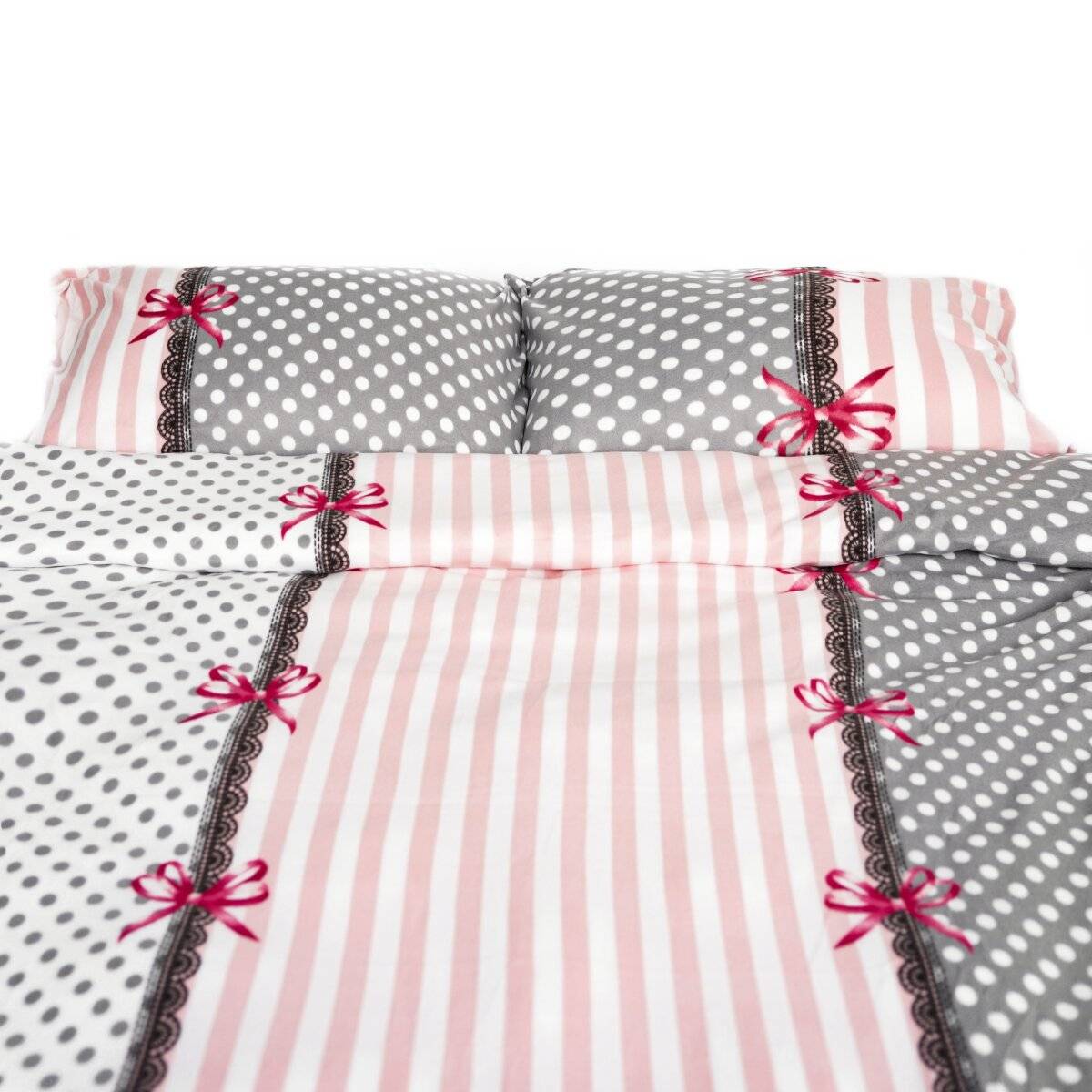 Fleece Bettwäsche aus Polyester, ca. 130 gsm, Grau-Rosa mit Schleifen Bettbezug 200x200 cm