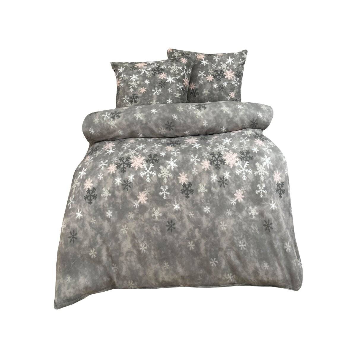 Fleece Bettwäsche aus 100% Polyester Bezug mit Schneeflockenmotiv in Grau 240x220 cm